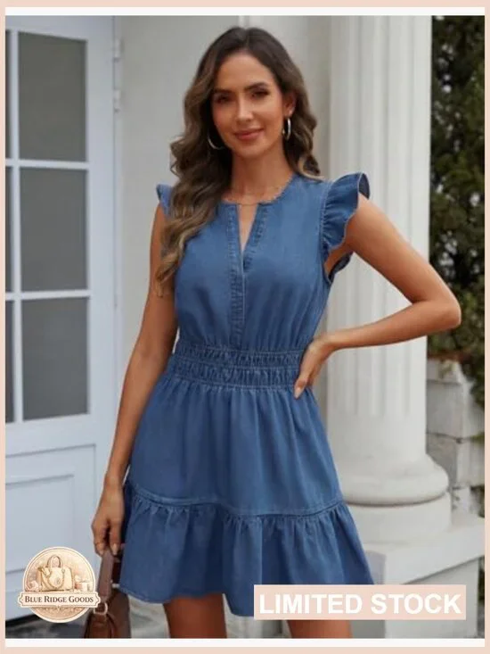 Denim Dress Ruffle Sleeve Empire Waist A-Line Mini Tiered Flowy with Pockets - Picture 4 of 7